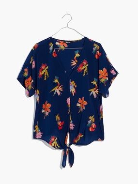 Madewell 100% Silk tie front Top bird of paradise